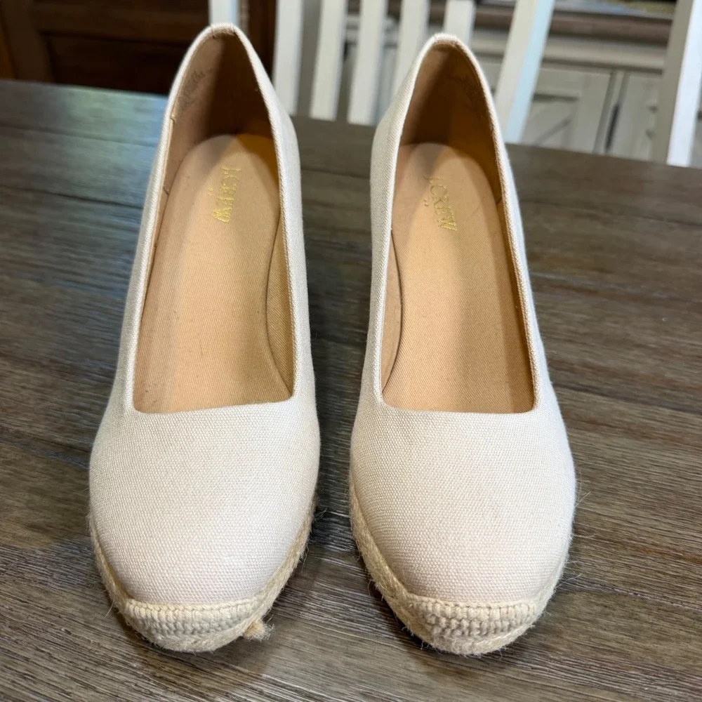 J.Crew Womens Canvas Espadrille Wedge Pumps Beige Round Toe Size 8 NWOB